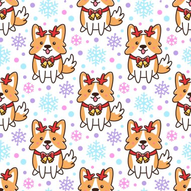 Kar arka plan üzerinde, Santa yardımcı fawn gibi giyinmiş Corgi köpek ile Dikişsiz desen. Ambalaj, ambalaj kağıdı, tekstil vb için mükemmel tasarım.