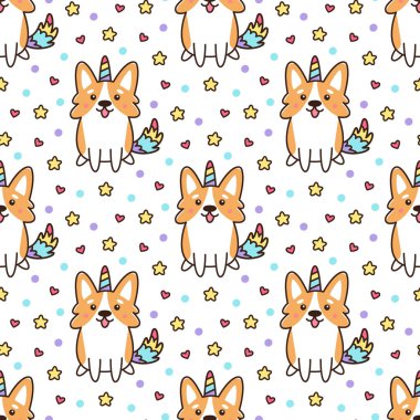 Boynuz ve renkli kuyruk ile tek boynuzlu at kostümü galce corgi ile Dikişsiz desen. Çocuk giysileri, nevresimler, ambalaj kağıdı, tekstil vb için mükemmel baskı.