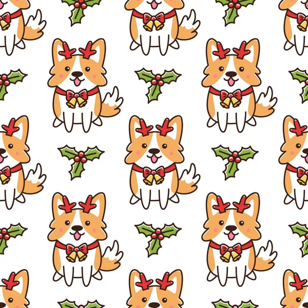 Seamless Pattern Corgi Dog Dressed Santa Helper Fawn White Background — Stock Vector