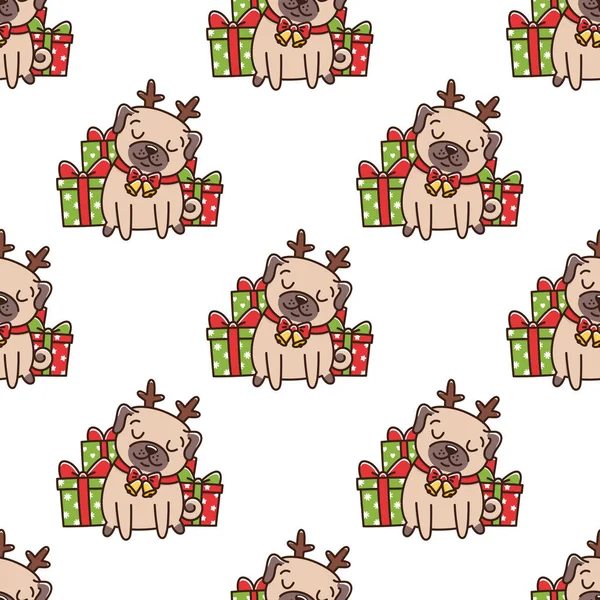 Patrón Sin Costuras Con Perro Crianza Pug Vestido Como Santa — Archivo Imágenes Vectoriales