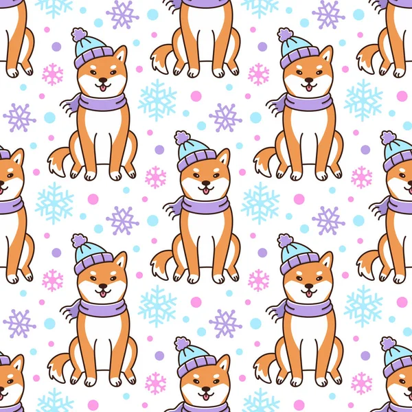 Seamless Pattern Dog Shiba Inu Hat Scarf Snowflakes White Background — Stock Vector