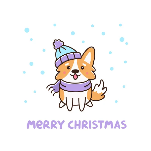 Cute Dog Breed Welsh Corgi Hat Scarf Snowflakes Merry Christmas — Stock Vector