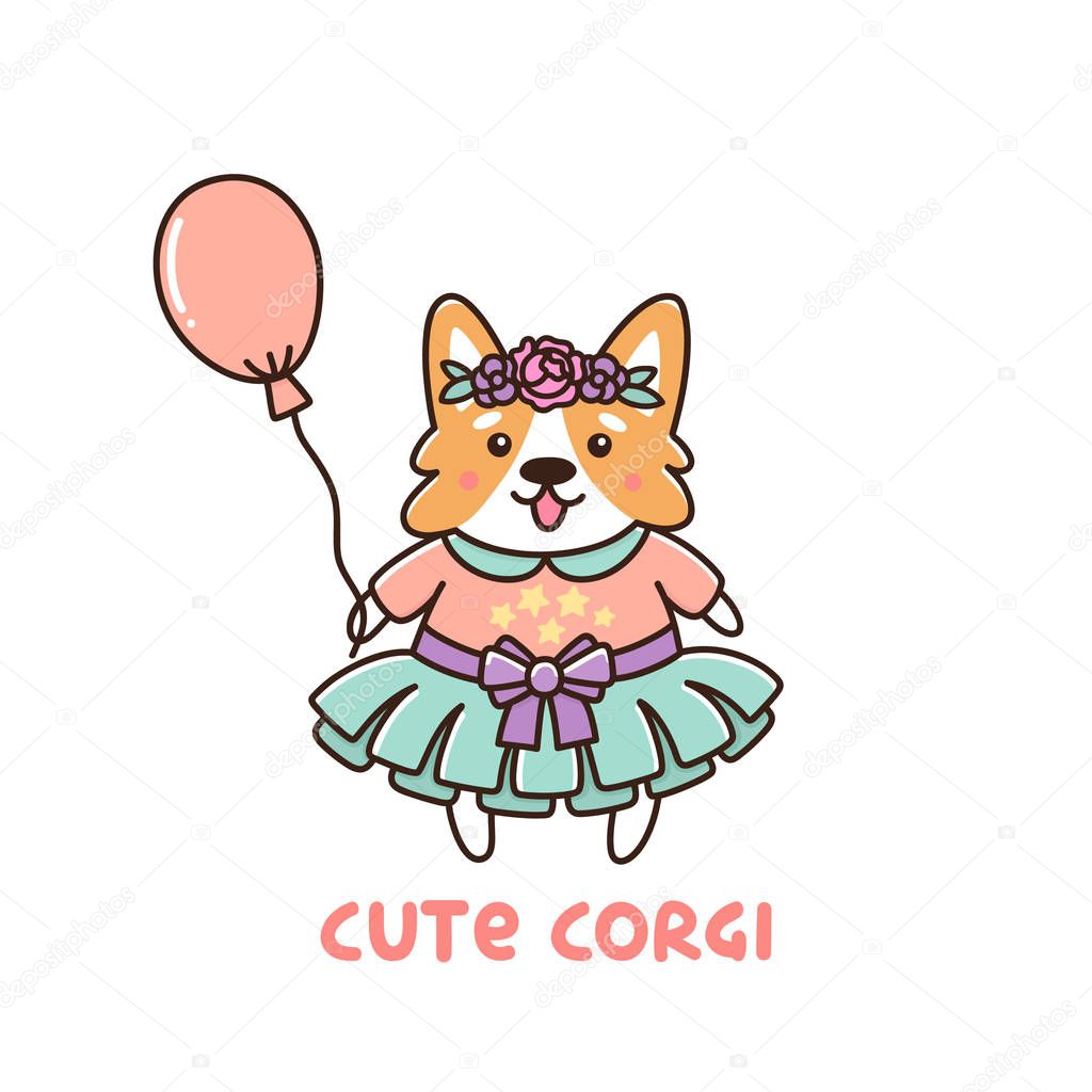 Pretty little dog breed welsh corgi in a tutu, with a wreath and a balloon. It can be used for sticker, patch, phone case, poster, t-shirt, mug and other design.