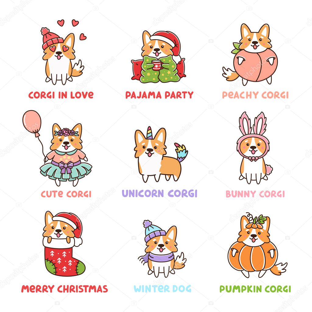 Corgi Dog Set with 10 characters, Unicorn corgi, Peachy, Pumpkin, Bunny, in various costumes for Christmas, Easter, Thanksgiving Day, Valentine's Day, Happy Birthday.