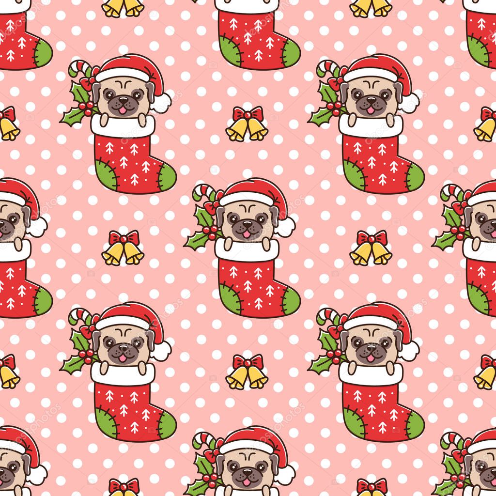 Seamless pattern with funny pug as a gift in Christmas sock, with candy, mistletoe and bell, on pink background. Excellent design for packaging, wrapping paper, textile etc.