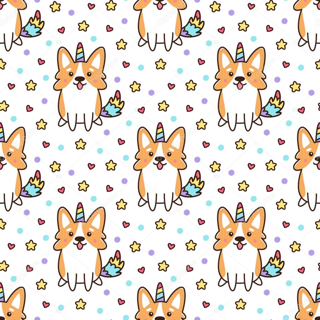 Seamless pattern with welsh corgi in a unicorn costume with horn and colorful tail. Excellent print for children's clothes, bed linens, wrapping paper, textile etc.