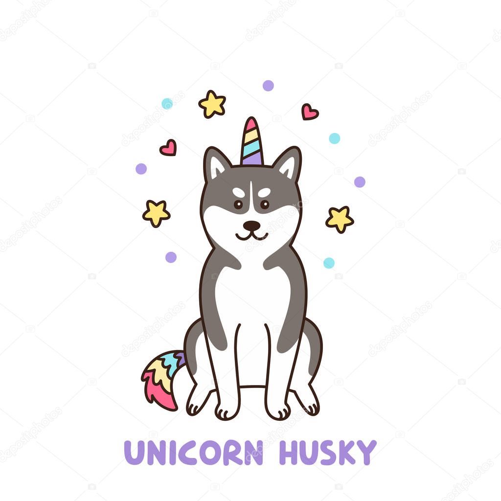 Siberian husky dog in a unicorn costume with horn and colorful tail. It can be used for sticker, patch, phone case, poster, t-shirt, mug and other design.