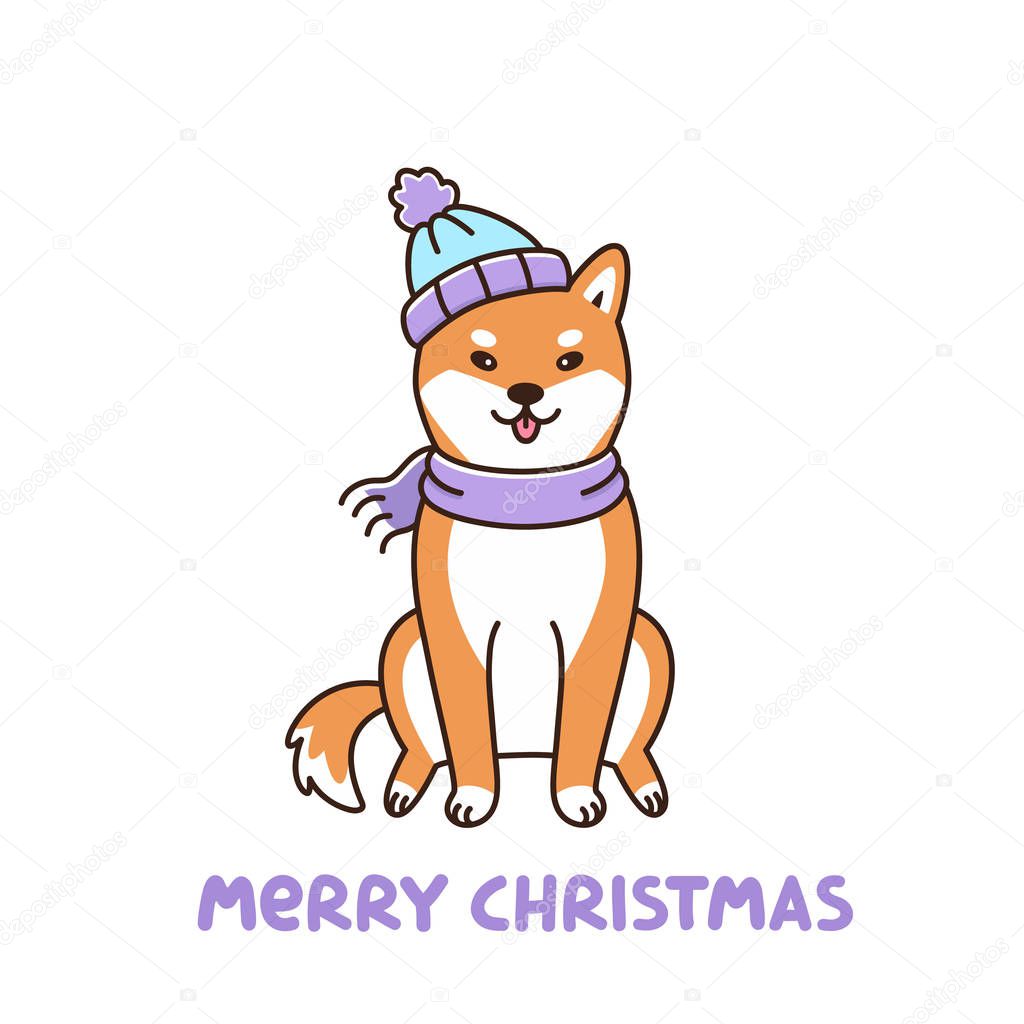 Cute dog breed welsh corgi in hat and scarf with snowflakes. Merry Christmas card. It can be used for sticker, patch, phone case, poster, t-shirt, mug and other design.
