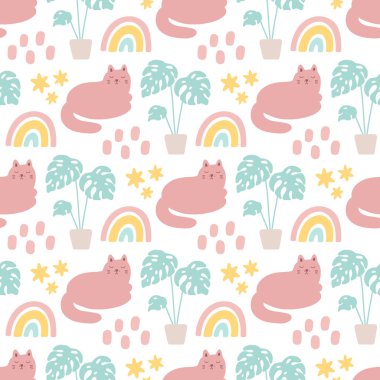 Gökkuşağı, yıldızlar, ay ve palmiye yapraklı deniz kabuğu deseni. Giysi, çocuk odası dekorasyonu, tekstil, ambalaj, ambalaj kağıdı vs. için yaratıcı baskı.