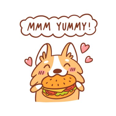 Tatlı kawaii corgi sosisi lezzetli bir burger yiyor. Buluttaki yazı: Mmm nefis! Menü, broşür, poster, çıkartma gibi şeyler için kullanılabilir. Beyaz arkaplanda vektör resmi izole edildi.