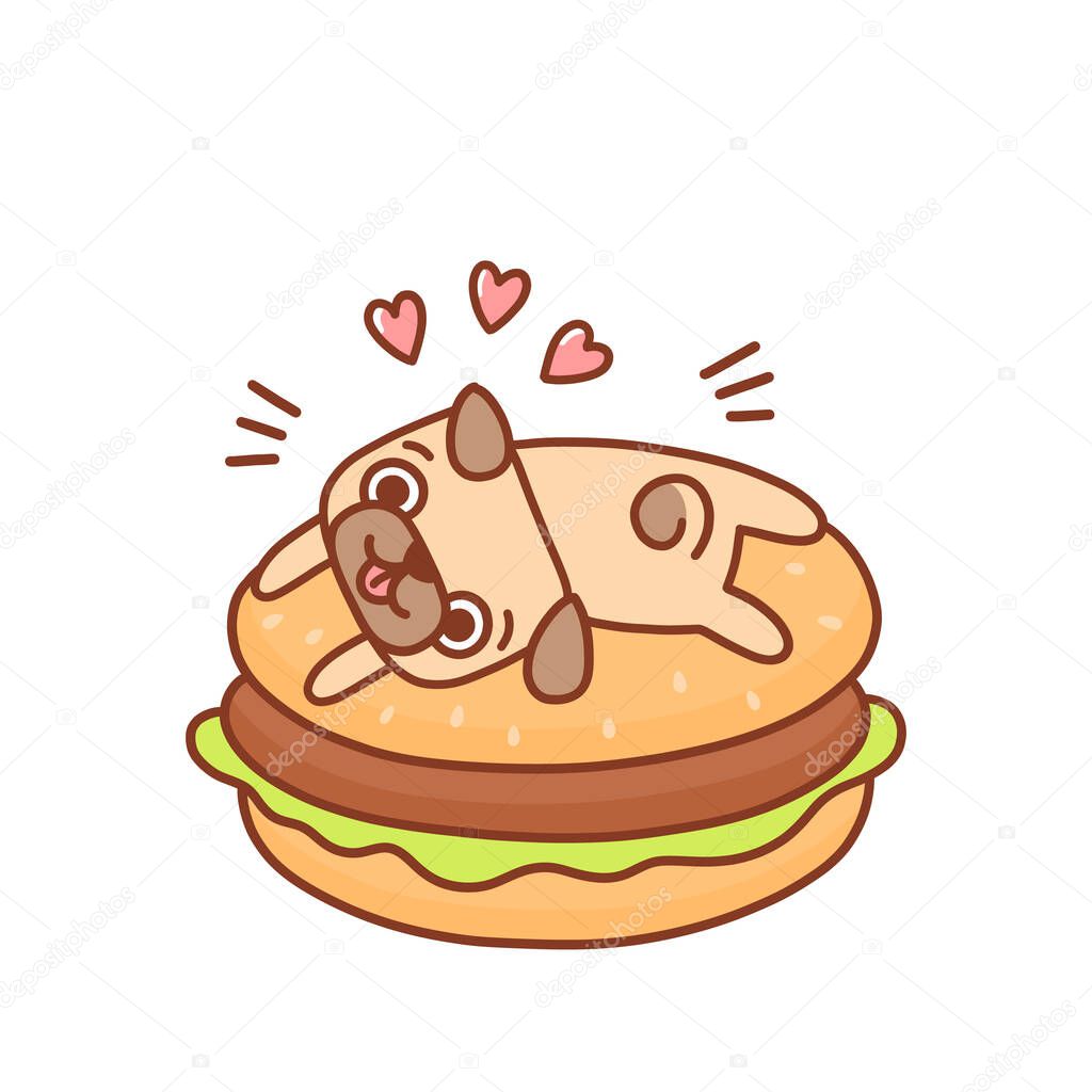 Cute kawaii pug dog and delicious burger. It can be used for menu, brochures, poster, sticker etc. Vector image isolated on white background.