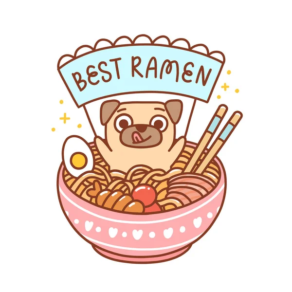 Erişteli ramen, yumurta, balık ve karidesli tatlı pug dog. Kurdeledeki yazı, en iyi ramen! Menü, broşür, poster, çıkartma gibi şeyler için kullanılabilir. Beyaz arkaplanda vektör resmi izole edildi.