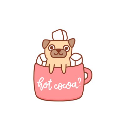Bir kupa kakaolu marşmelovlu komik kawaii pug dog. - Sıcak kakao mu? Menü, broşür, poster, çıkartma gibi şeyler için kullanılabilir. Vektör resmi.