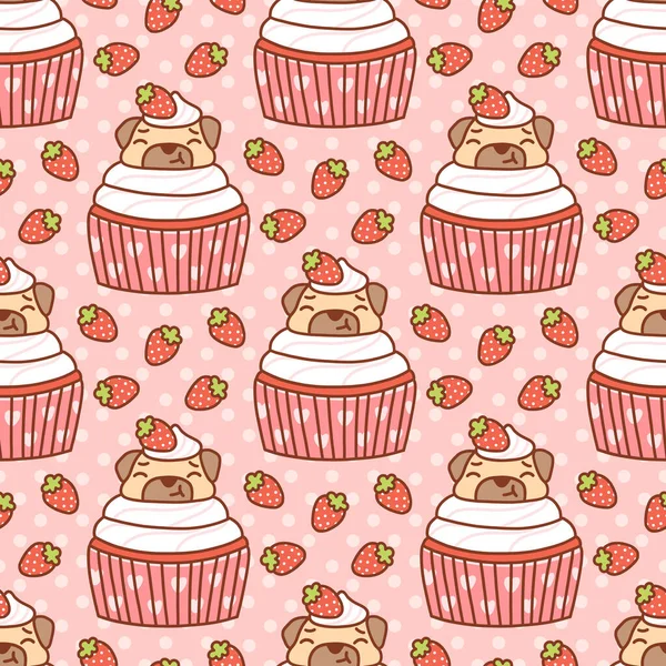 Mignon Motif Sans Couture Avec Chiot Carlin Dans Cupcake Fraises — Image vectorielle