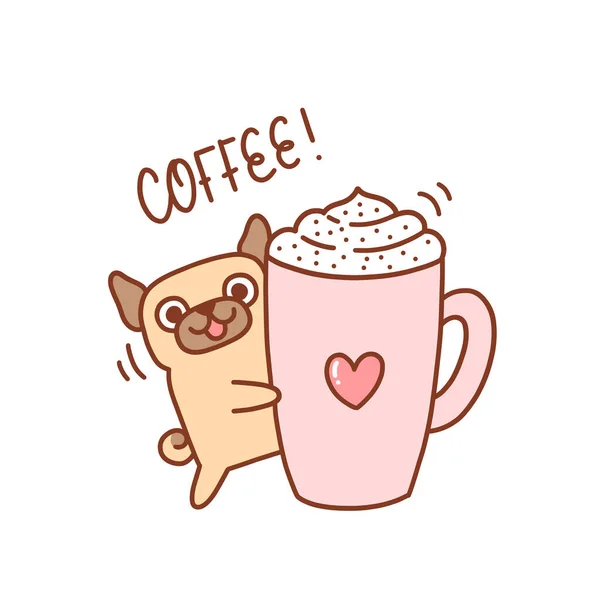 Cute Kawaii Pug Dog Mug Coffee Drink Foam Inscription Coffee — Stock Vector