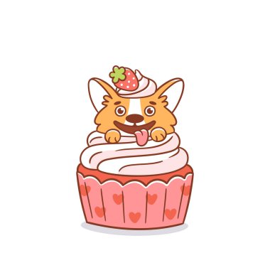 Cupcake 'in içindeki komik Corgi sosisi, çilekle süslenmiş. Menü, broşür, poster, çıkartma gibi şeyler için kullanılabilir. Beyaz arkaplanda vektör resmi izole edildi.