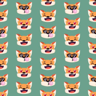 Komik kırmızı tilki duygularıyla kusursuz desen, farklı yüz ifadeleri: gülmek, aşık olmak, havalı. Paketleme, ambalaj kağıdı, tekstil gibi şeylerde kullanılabilir..