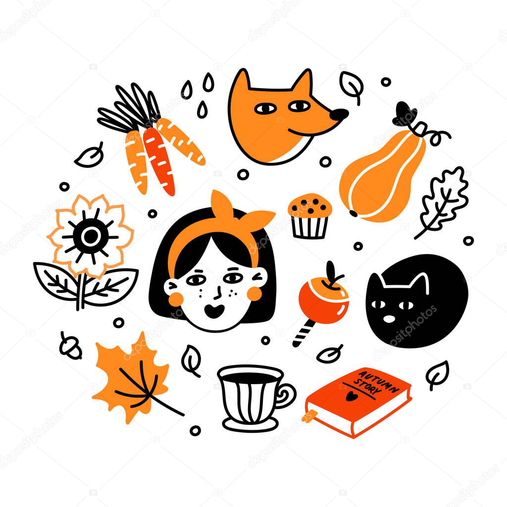 Autumn set. Collection of cartoon characters, plants, food and things. Beautiful print for Fall season party, Harvest festival or Thanksgiving day.