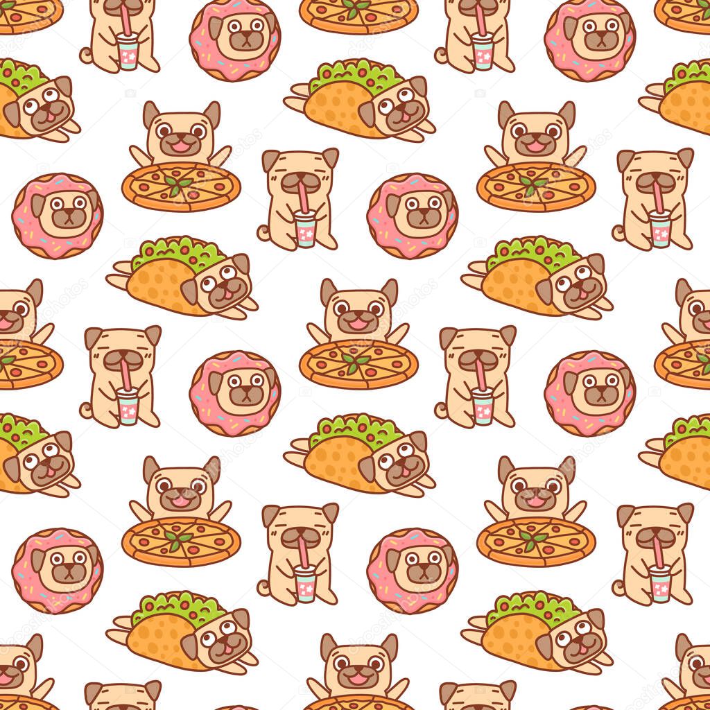Funny seamless pattern with pug dogs and fast food: pizza, tacos, donut and drink, on a white background. It can be used for packaging, wrapping paper, textile, home decor, menu etc. 