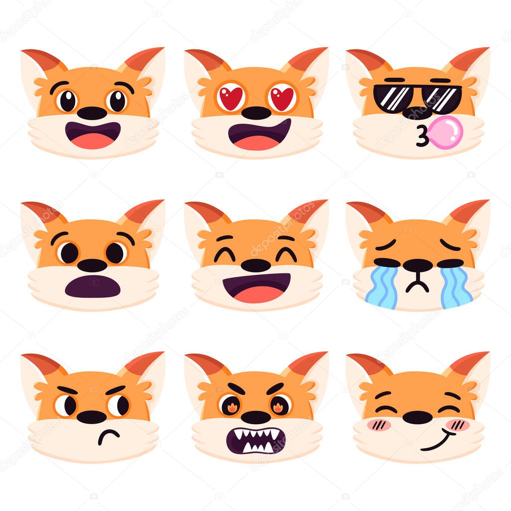 Set of cartoon red fox emotions, different facial expressions: laughing, in love, angry, crying, sad, cool, embarrassed etc. Colorful vector emoji isolated on white background.