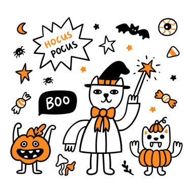 Spooky cartoon characters: wizard cat, scary pumpkin and vampire cat in a pumpkin costume. Beautiful print for Halloween. Graphic vector illustration. vector