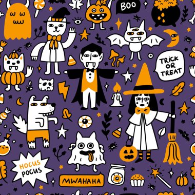 Halloween pattern with spooky characters and holiday attributes. It can be used for packaging, wrapping paper, textile, home decor etc. Graphic vector illustration. vector