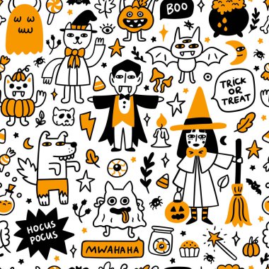 Seamless pattern with spooky characters and holiday attributes. Beautiful print for Halloween or Day of the Dead. It can be used for packaging, wrapping paper, textile, home decor etc.  Graphic vector illustration. vector