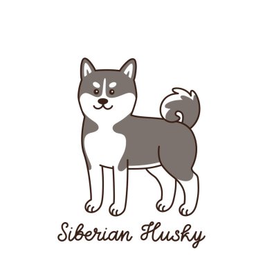 Sibirya Husky cinsinden şirin kawai köpeği beyaz arka planda izole edilmiş. Çizgi film vektör çizimi. Etiket, yama, telefon kılıfı, poster, tişört, kupa ve diğer tasarım için kullanılabilir..