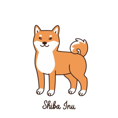 Beyaz arka planda Japon ırkı Shiba Inu 'nun şirin kawaii köpeği izole edilmiş. Çizgi film vektör çizimi. Etiket, yama, telefon kılıfı, poster, tişört, kupa ve diğer tasarım için kullanılabilir..