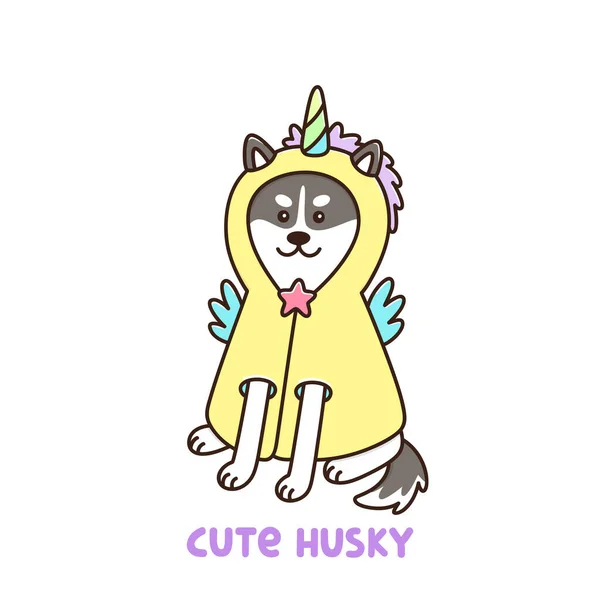 Cute Pies Kawaii Rasy Syberyjskiej Husky Stroju Jednorożca Lub Płaszcz — Wektor stockowy