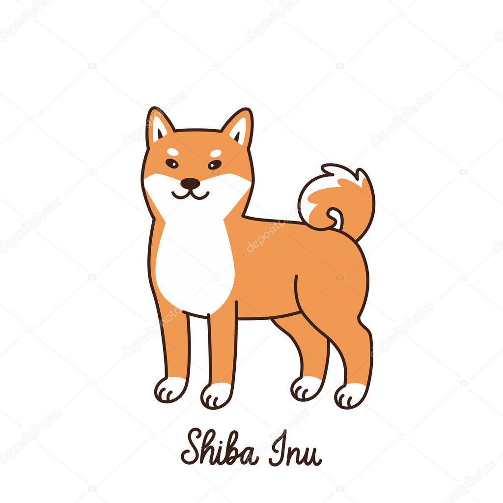 Cute kawaii dog of Japanese breed Shiba Inu isolated on white background. Cartoon vector illustration. It can be used for sticker, patch, phone case, poster, t-shirt, mug and other design.