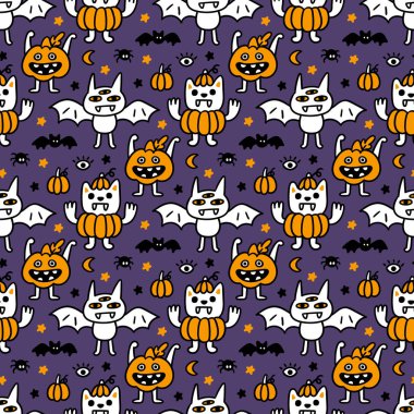 Çizgi film karakterleri: Korkunç Balkabağı, Üç Gözlü Yarasa, Kabak Kostümlü Vampir Kedi. Cadılar Bayramı için güzel bir yazı. Paketleme, ambalaj kağıdı, tekstil, ev dekorasyonu vs. için kullanılabilir..