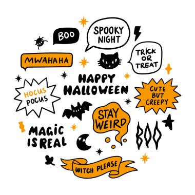 Halloween lettering inscriptions with cat, bat, moon, and stars. Beautiful print for sticker, patch, poster, t-shirt, mug etc. Graphic vector illustration. vector