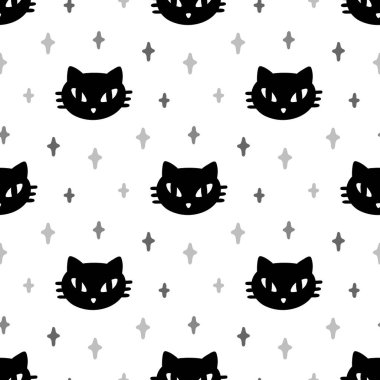 Sihirli kedi ve yıldızlarla kusursuz desen. Güzel kumaş izi. Paketleme, ambalaj kağıdı, tekstil, ev dekorasyonu vs. için kullanılabilir. Grafik vektör illüstrasyonu.