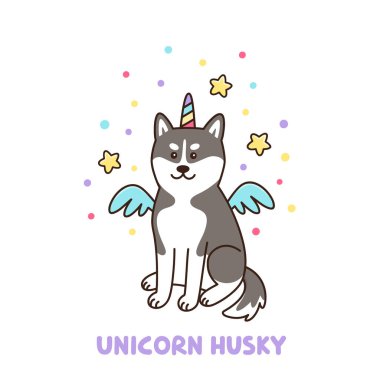 Renkli boynuzu ve kanatları olan tek boynuzlu at kostümlü Sibirya köpeği. Şirin kawaii karikatür vektör çizimi. Etiket, yama, telefon kılıfı, poster, tişört, kupa ve diğer tasarım için kullanılabilir..