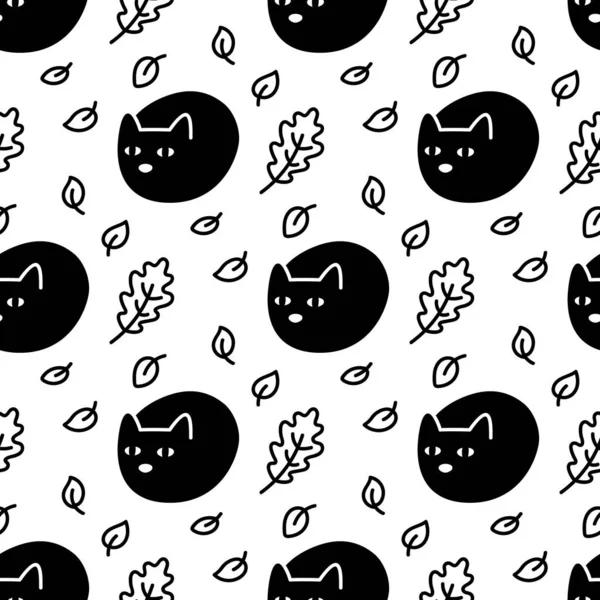 Seamless Pattern Cute Cat Autumn Foliage Beautiful Fabric Print Can — Stock Vector