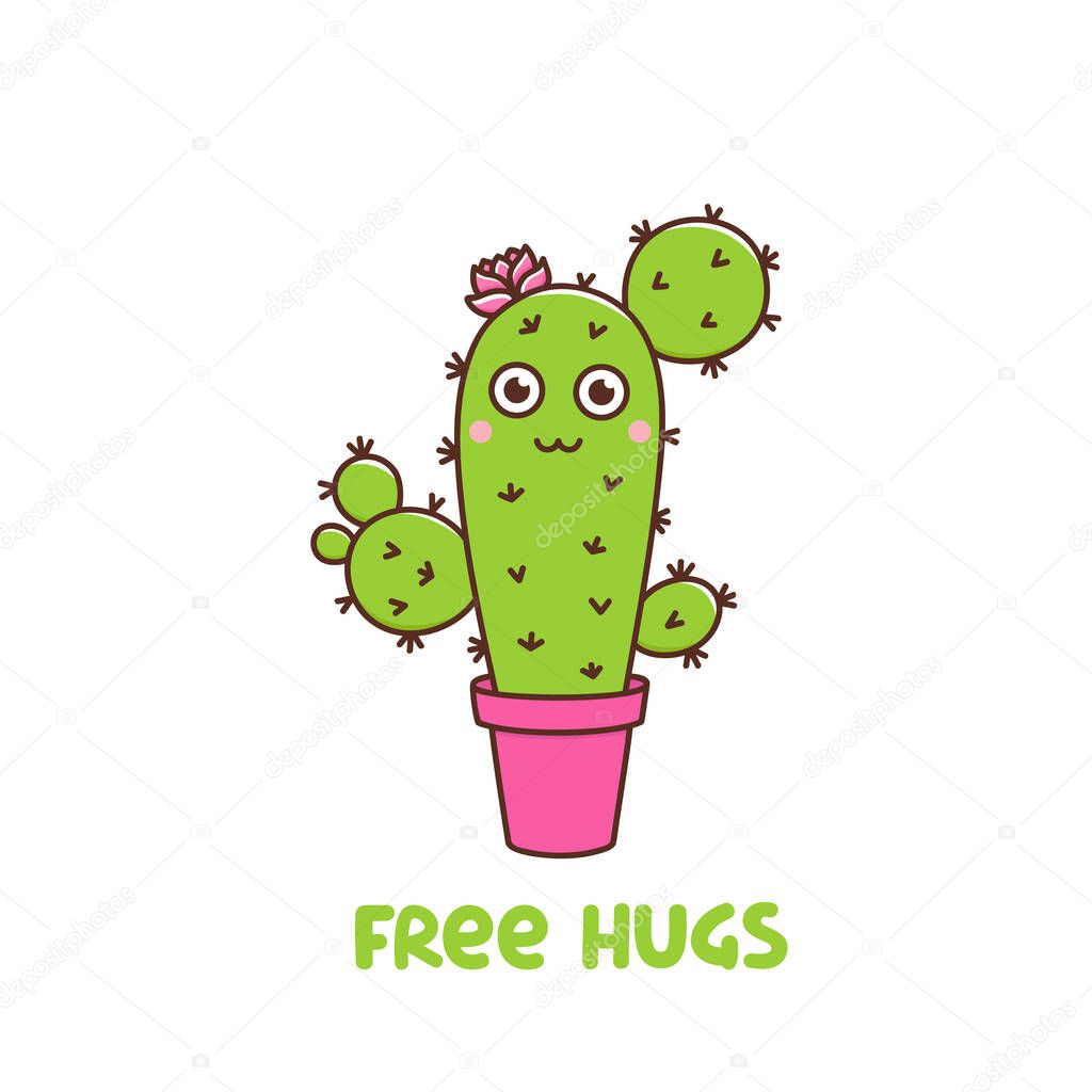 Cute cactus character with a flower in a pot with hearts. Text: Free hugs. Vector illustration in cartoon kawaii style. 