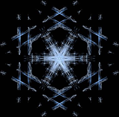 Yeni yıl için kar taneleri. Doğrusal yuvarlak rakamlar, bir topluluğu olarak güneş ışınlarının. Siyah zemin üzerine mavi radyal nesneler. Dekorasyon işaretler