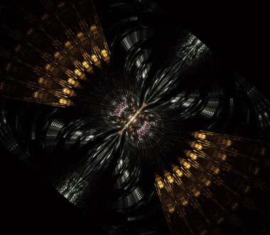 UFO, uzay gemisi, uçan daire steampunk bakışla. Metropolis, bilim kurgu, illüstrasyon, bilgisayar tarafından oluşturulan, Fraktal Sanat,