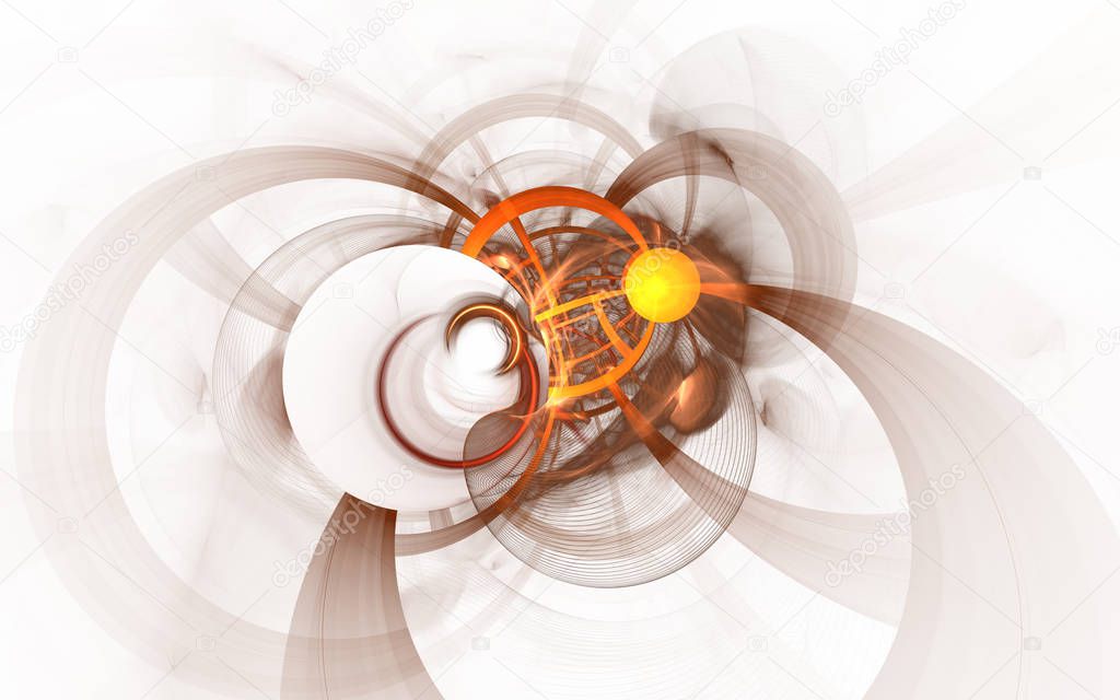 Elegant bright sophisticated background with ribbons or discs and rings. Orange intricate curved design. Soft abstract fractal for 3D illustration or cover. Smoke cloud. Computer-generated image