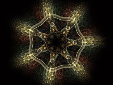 Katmanlı çiçek yıldız. Dokuma doku - fraktal arka plan öğesi. Merkez vurgulayıcı parlak renkli katmanları tasarım yıldız şeklinde. Grafik illüstrasyon kompozisyon. 3D çizim.