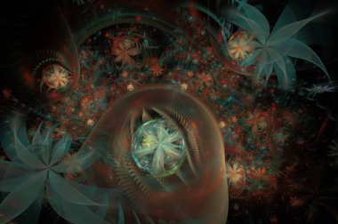 Kızdırma Soyut Fraktal çiçek arka plan. Yarı saydam kabarcıklar doku kızdırma çiçekli. Parlak, çok renkli bilgisayar oluşturulan, Fraktal arka plan