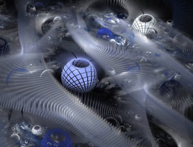 Arka plan - akan tel ve usulca karşı kara ışıklı ızgara tasarımı ile 3d formları.