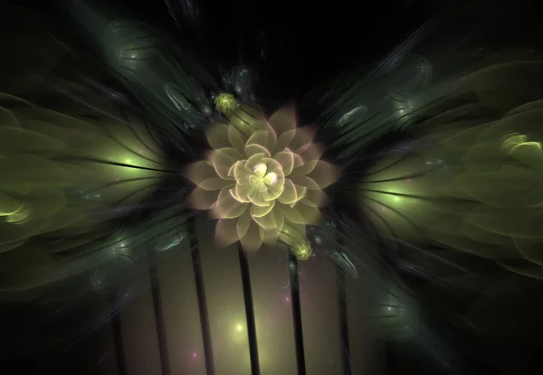 Abstract fractal flower with rays on a black background. Fractal in neon colors with curved lines shaping a flower