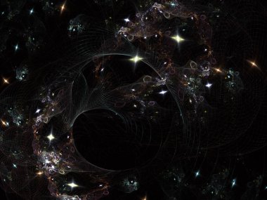 Yumuşak parlak siyah bir sanal arka plan kopya alanı ile Soyut Fraktal ağ katmanlı. Arka plan ışıltı etkisi fraktal kılavuz siyah bir bilgisayarda oluşturulan.