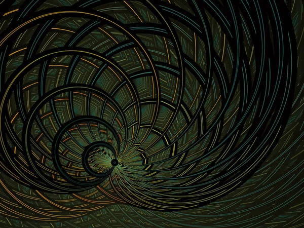 Fractal virtual grid on a black background. Abstract illuminated, thin, curving, woven pattern for creative art design. Computer generated fractal. Spiral digital graphic composition.