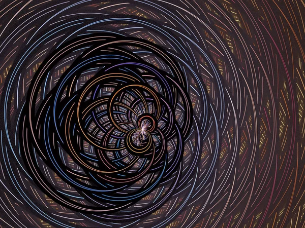 Fractal virtual grid on a black background. Abstract illuminated, thin, curving, woven pattern for creative art design. Computer generated fractal. Spiral digital graphic composition.