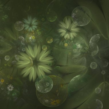 Parlak, çok renkli baloncuklar, çiçek ve küreler. Minimalist soyut bahar desen. (bilgisayar fraktal siyah bir zemin üzerine oluşturulan)