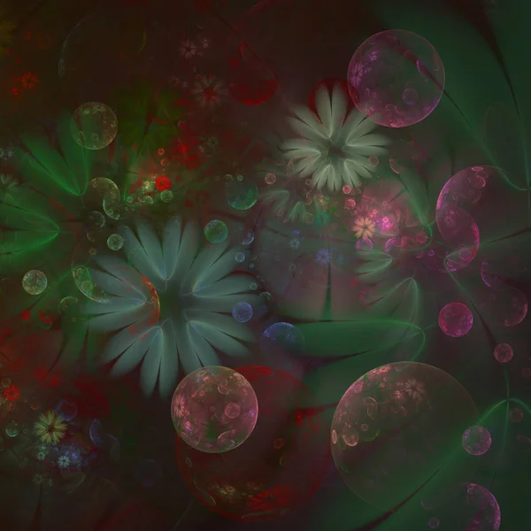 Bright, multicolored bubbles, flowers and orbs. Minimalistic abstract spring pattern. (computer generated fractal on a black background)