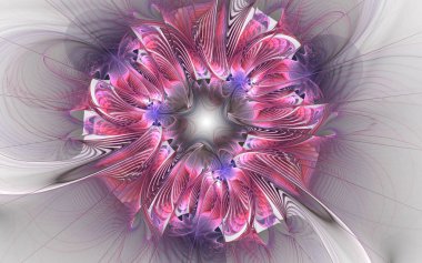 Bahar çiçekleri beyaz bir arka plan üzerinde ışınları ile benzeyen güzel Soyut Fraktal çiçek. Açık mavi ve mor renkleri fantezi tasarım.